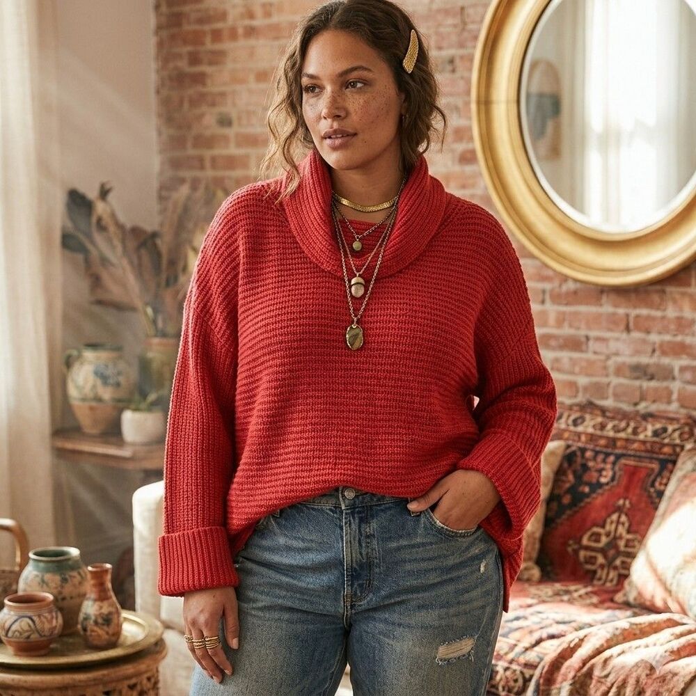 Pilcro Anthropologie Chunky Cowl Neck Plus Sweater 3X Red Terracotta Cuff Sleeve